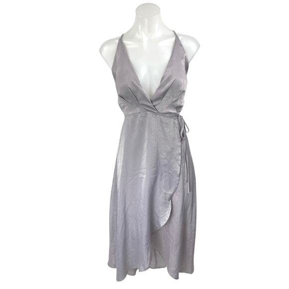 Lush Gray Satin Faux Wrap Sleeveless V-neck Cami Camisole Midi A-Line Dress Sz M - Picture 1 of 5